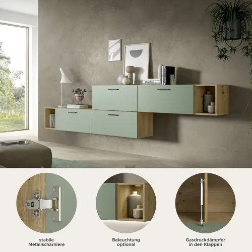 Wohnkombination The One 2 | 6-teilig | Artisan Eiche / Smoke Green mit LED Bad warm-weiß 2x 110cm