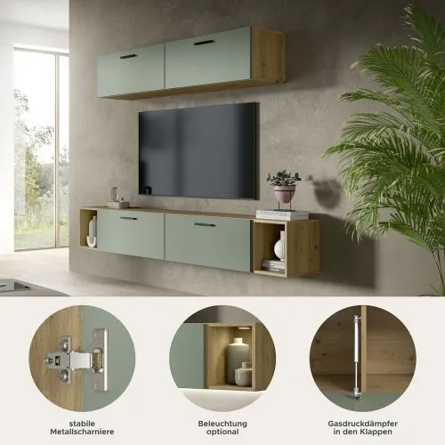 Wohnkombination The One 4 | 6-teilig | Artisan Oak / Smoke Green LED Bad warm-weiß 2x 110cm