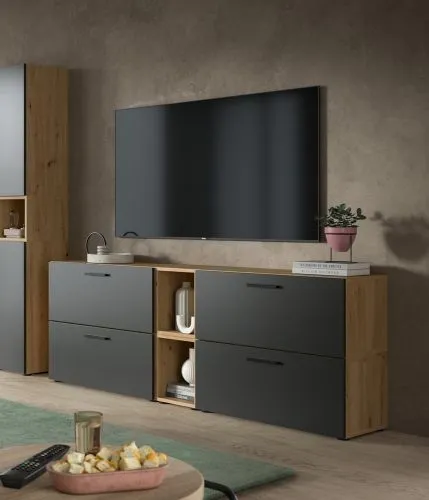 Wohnkombination The One 5 | 6-teilig | Artisan Oak / Basalt grau mit 2er Set Unterbauspot
