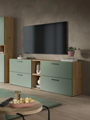 Wohnkombination The One 5 | 6-teilig | Artisan Oak / Smoke Green mit 2er Set Unterbauspot