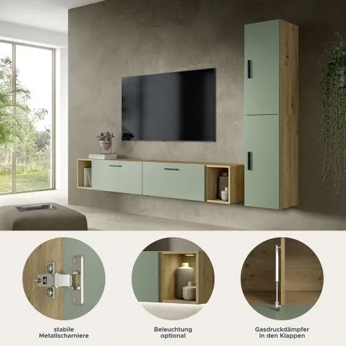 Wohnkombination The One | 6-teilig | Artisan Eiche / Smoke Green mit 2er Set Unterbauspot