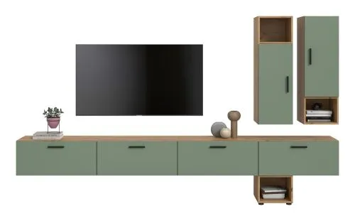 Wohnkombination The One | 9-teilig | Artisan Oak / Smoke Green mit LED Bad warm-weiß 2x 110cm