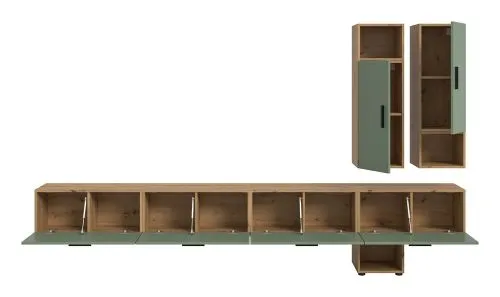 Wohnkombination The One | 9-teilig | Artisan Oak / Smoke Green mit LED Bad warm-weiß 2x 110cm