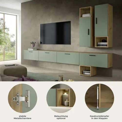 Wohnkombination The One | 9-teilig | Artisan Oak / Smoke Green mit LED Bad warm-weiß 2x 110cm
