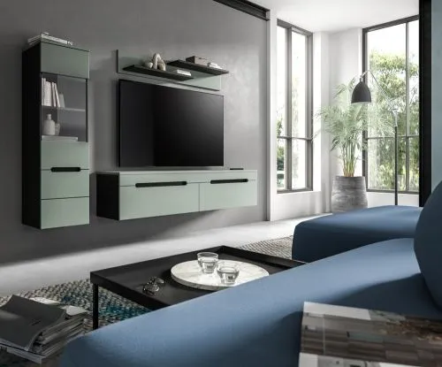 Wohnwand Anbauwand Canu | 2-teilig | Smoke Green / Basalt Grau mit Beleuchtung