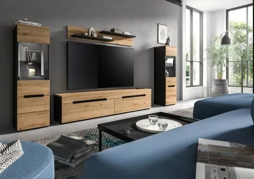 Wohnwand Anbauwand Canu | 3-teilig | Artisan / Basalt Grau | LED Beleuchtung