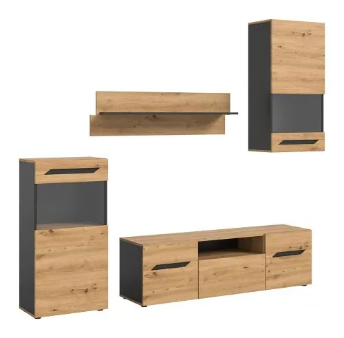 Wohnwand Anbauwand Caserta | 4-teilig | Artisan Eiche / Basalt grau | LED Beleuchtung
