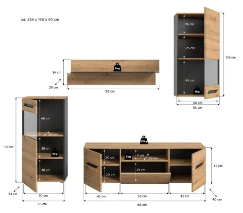 Wohnwand Anbauwand Caserta | 4-teilig | Artisan Eiche / Basalt grau | mit Unterbauspot