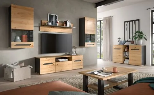 Wohnwand Anbauwand Caserta | 4-teilig | Artisan Eiche / Basalt grau | mit Unterbauspot