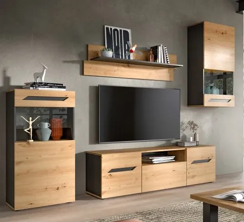 Wohnwand Anbauwand Caserta | 4-teilig | Artisan Eiche / Basalt grau | ohne Beleuchtung