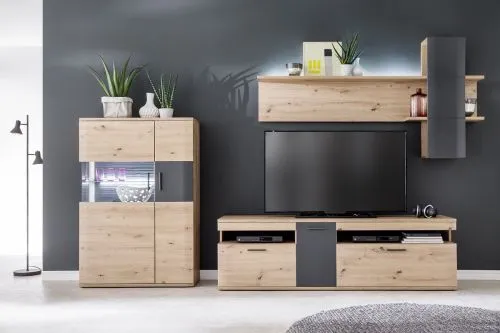 Wohnwand Anbauwand Cortona 2 | Balkeneiche / anthrazit | 3-teilig | LED Beleuchtung 1