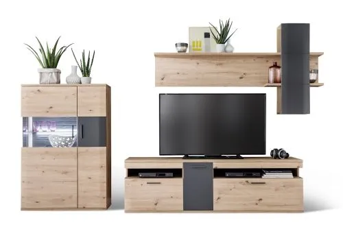 Wohnwand Anbauwand Cortona 2 | Balkeneiche / anthrazit | 3-teilig | LED Beleuchtung 1