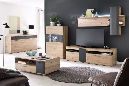 Wohnwand Anbauwand Cortona 2 | Balkeneiche / anthrazit | 3-teilig | LED Beleuchtung 3