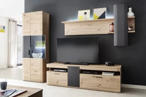 Wohnwand Anbauwand Cortona | Balkeneiche / anthrazit | 3-teilig | LED Beleuchtung 1