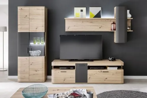 Wohnwand Anbauwand Cortona | Balkeneiche / anthrazit | 3-teilig | LED Beleuchtung 2