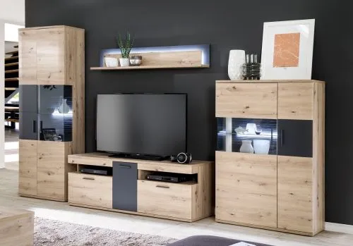 Wohnwand Anbauwand Cortona | Balkeneiche / anthrazit | 4-teilig | LED Beleuchtung