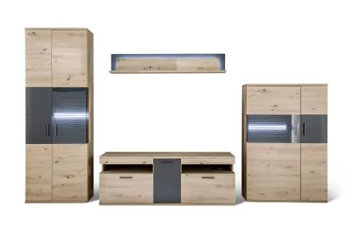 Wohnwand Anbauwand Cortona | Balkeneiche / anthrazit | 4-teilig | LED Beleuchtung