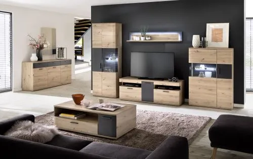 Wohnwand Anbauwand Cortona | Balkeneiche / anthrazit | 4-teilig | LED Beleuchtung 5