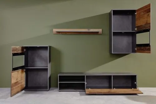 Wohnwand Anbauwand Mango | Old Used Wood / Matera grau | 4-teilig | LED Beleuchtung