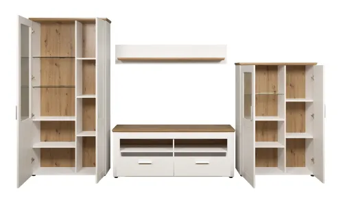 Wohnwand Anbauwand Shade | Andersen Pinie weiß / Artisan Eiche | Landhausstil | 4-teilig | LED Beleuchtung