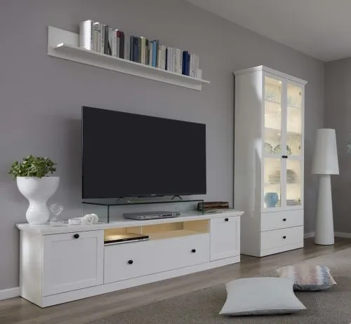 Wohnwand Baxter | weiß | Landhausstil | 3-teilig | LED Beleuchtung