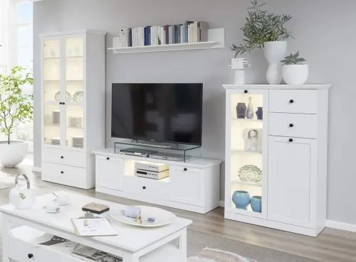 Wohnwand Baxter | weiß | Landhausstil | 4-teilig | LED Beleuchtung 1