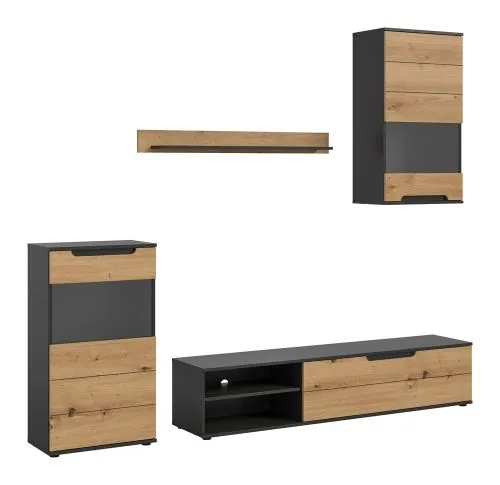 Wohnwand Cajak | Artisan / Basalt grau | 4-teilig mit Beleuchtung