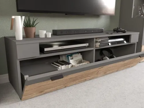 Wohnwand Freno | grau matt / Nox Oak | 4-teilig | LED Beleuchtung 2
