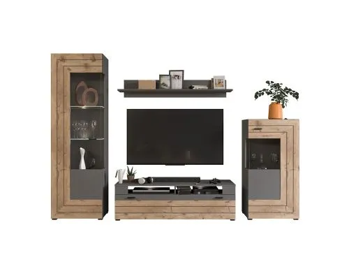 Wohnwand Freno | grau matt / Nox Oak | 4-teilig | LED Beleuchtung 4