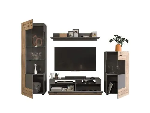 Wohnwand Freno | grau matt / Nox Oak | 4-teilig | LED Beleuchtung 7