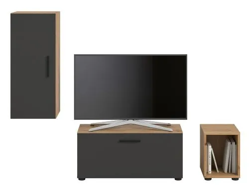Wohnwand The One | 3-teilig | Artisan Oak / Basalt grau mit 2er Set Unterbauspot warmweiß