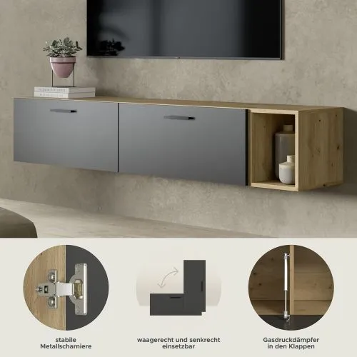 Wohnwand The One | 3-teilig | Artisan Oak / Basalt grau mit 2er Set Unterbauspot warmweiß