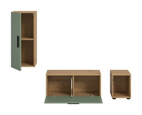 Wohnwand The One | 3-teilig | Artisan Oak / Smoke Green mit 2er Set Unterbauspot warmweiß