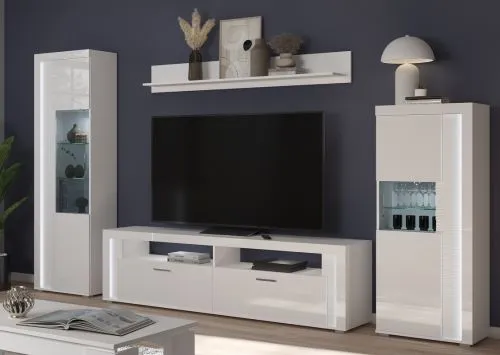 Wohnwand Wohnkombination 1 Skylight | weiß Hochglanz | 4-teilig | LED Beleuchtung