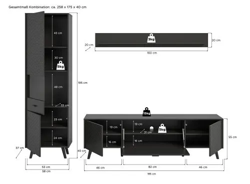 Wohnwand Wohnkombination Linea | 3-teilig | grau