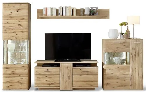 Wohnwand Wohnkombination Santori | Eiche Bianco | 4-teilig | LED 4
